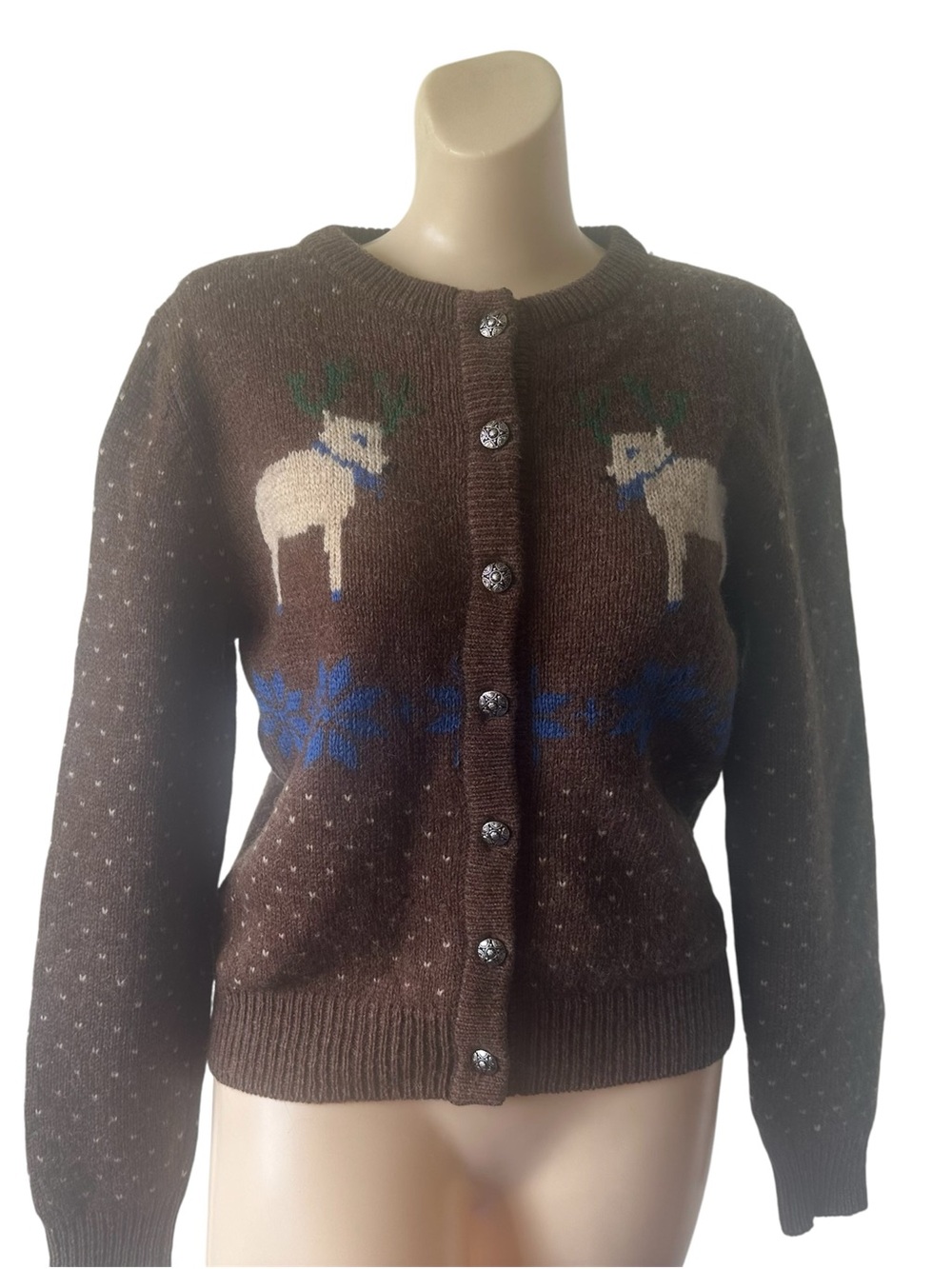 Vintage PAPPAGALLO Shetland Wool Reindeer Cardigan Sweater Sz M Some Flaws